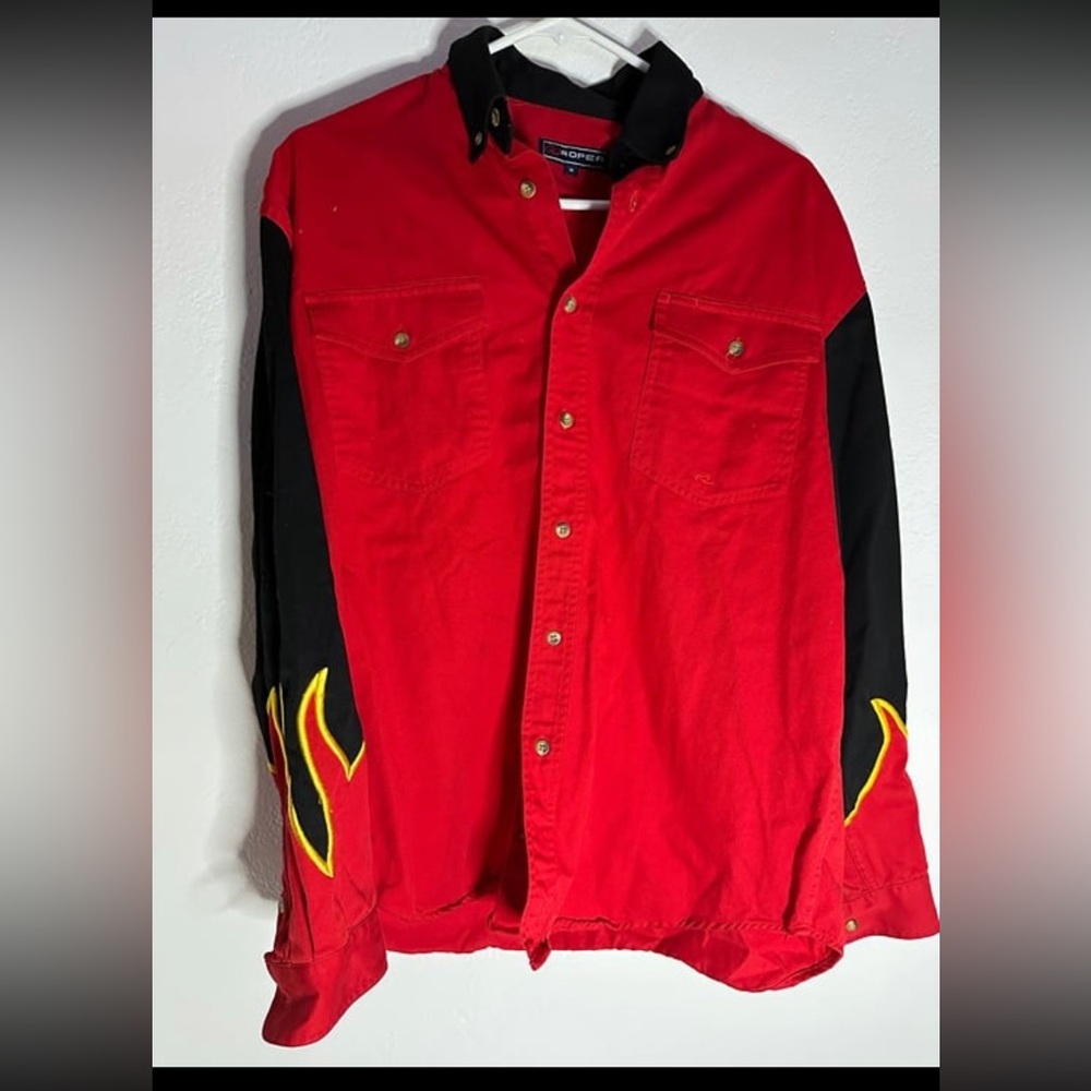 Vintage Roper Shirt Mens Medium Red Button Up Flames Fire Long Sleeve